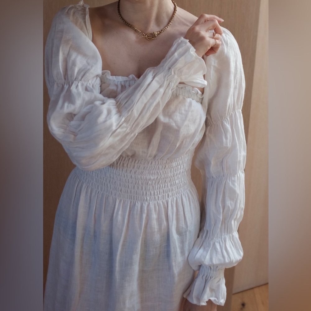 SLEEPER COTTAGECORE LINEN PUFFED SLEEVE DRESS